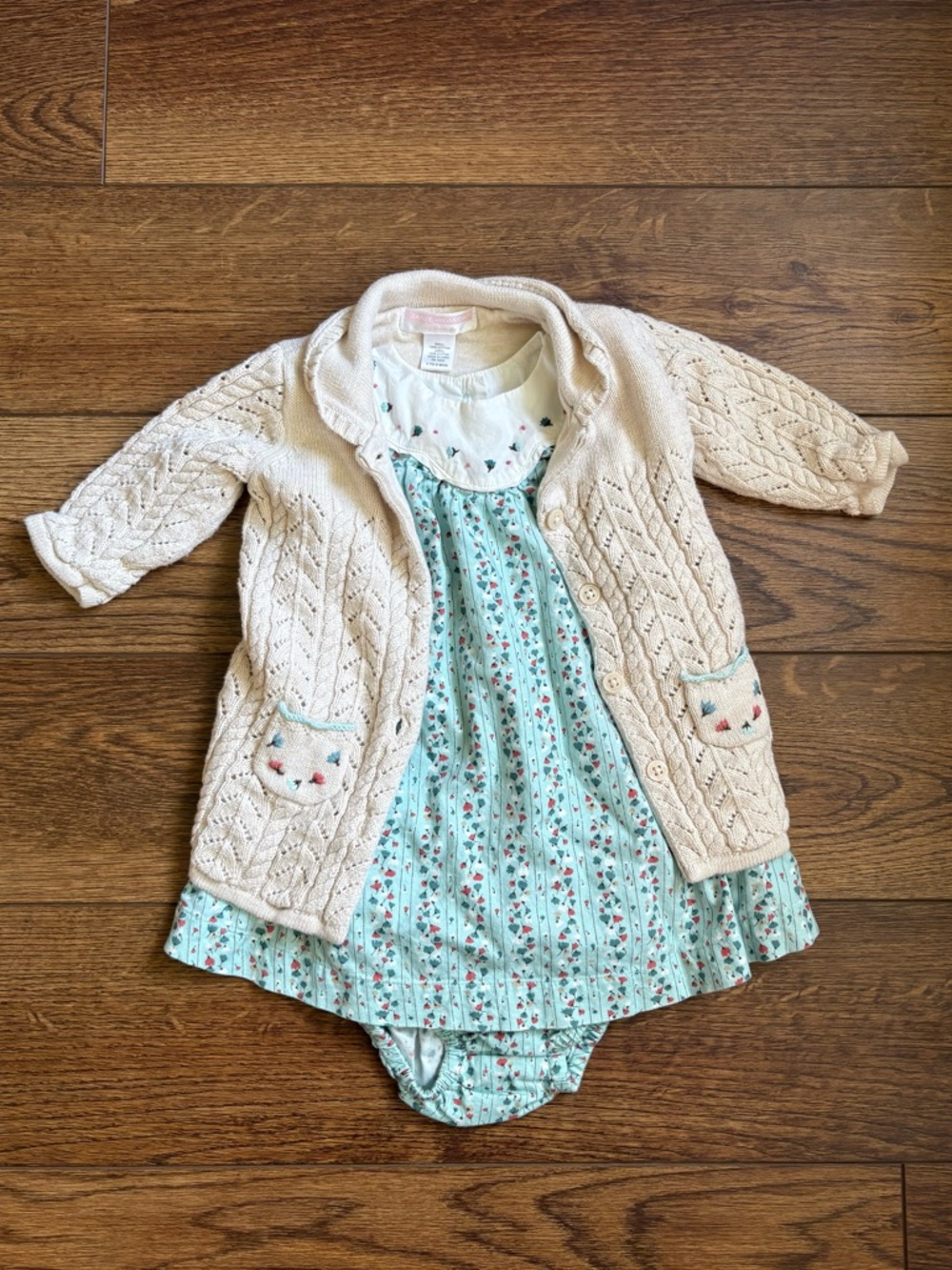 Janie and Jack Cream Knit Cardigan with Blue Floral Dress Set Size 3-6 Months